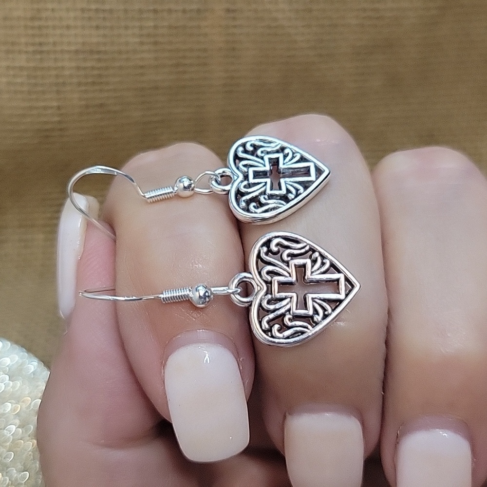 CHRISTIAN HEART CROSS DROP EARRINGS, S925 wires - Picture 2 of 4